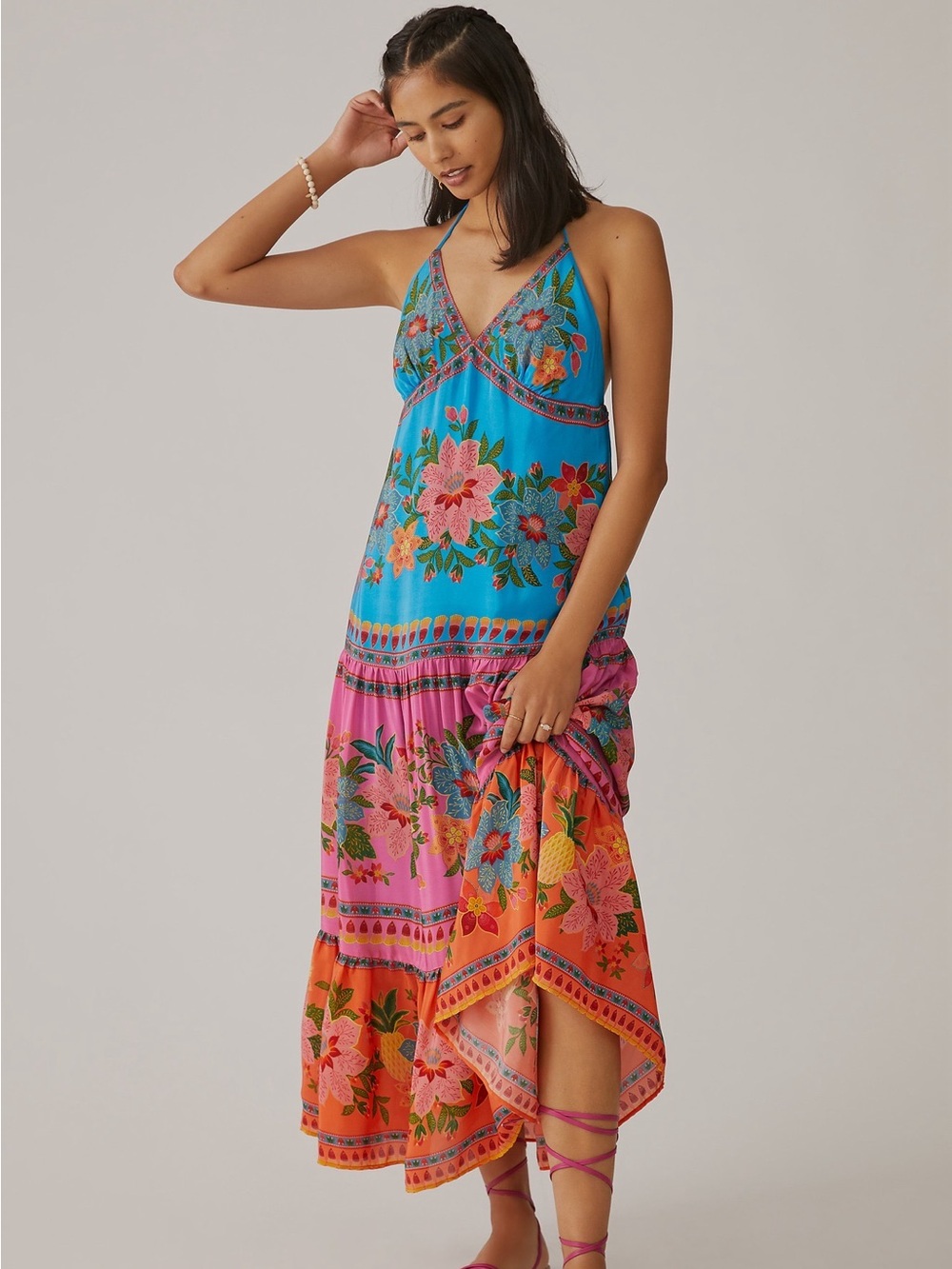 Farm Rio for Anthropologie Tiered Floral Halter Maxi Dress M NWOT